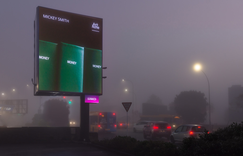 Night images of Art Billboards if Artists work MONEY for Art Ache 2024